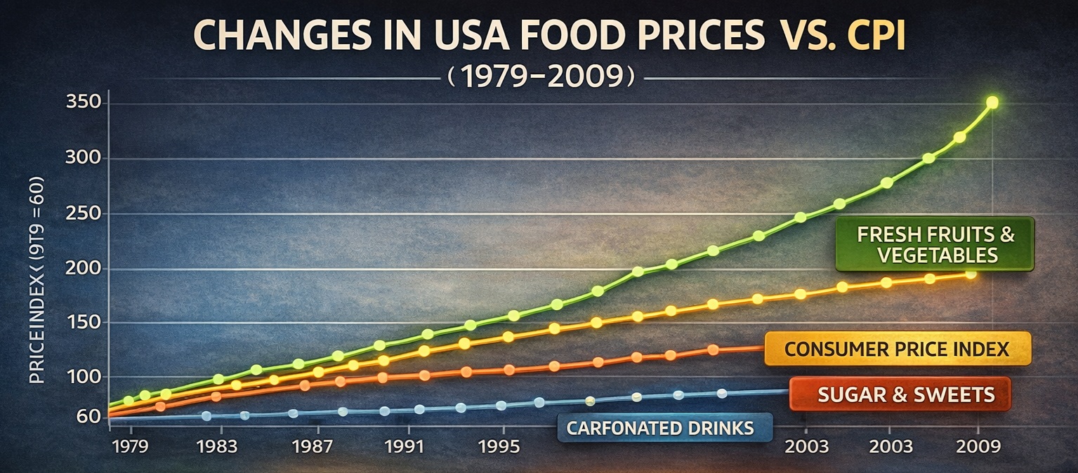 [Writing Task 1 - Line Graph] Price changes for fresh fruits and vegetables, sugars and sweets, and carbonated drinks