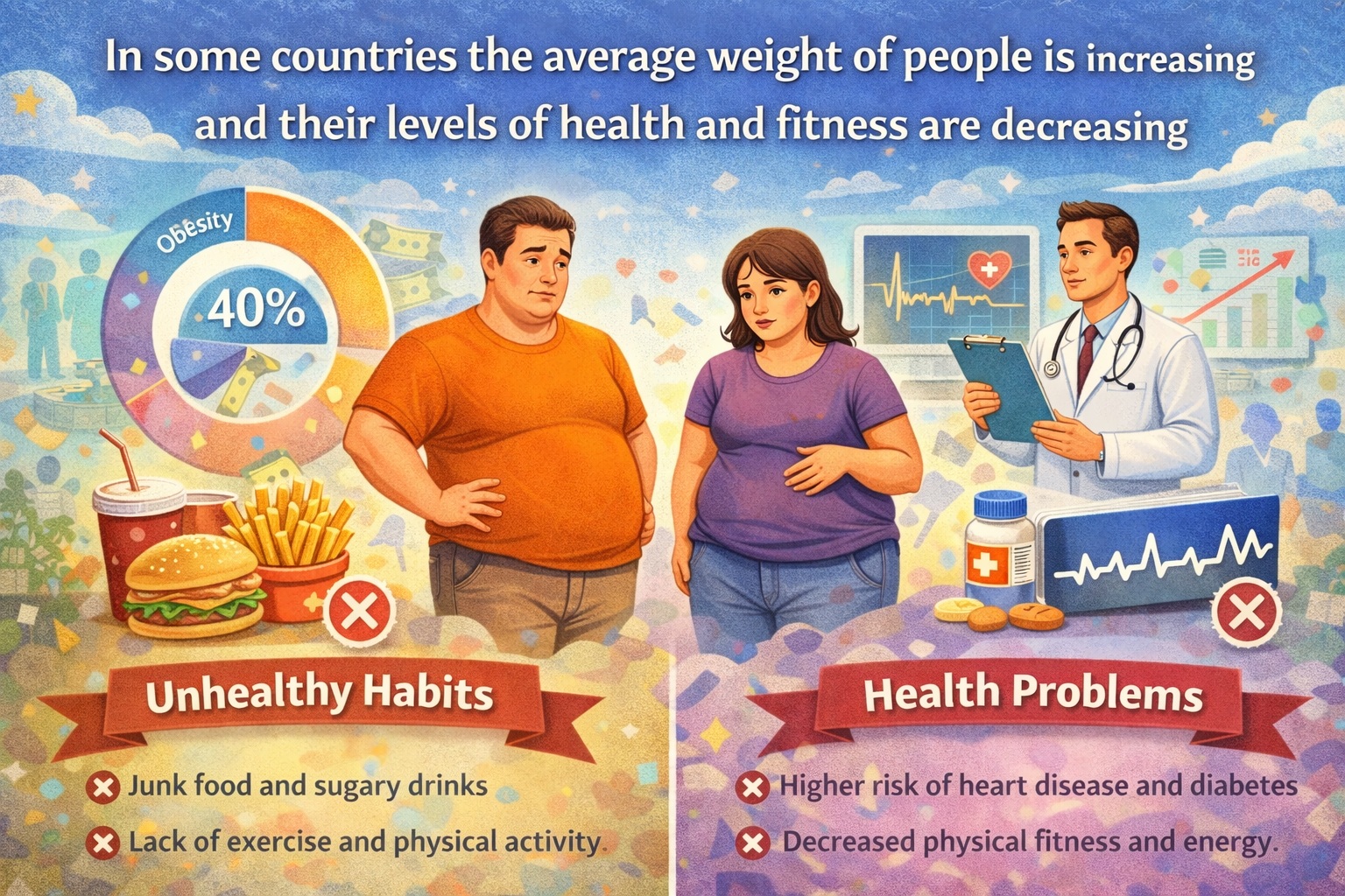 [Writing Task 2] In some countries the average weight of people is increasing and their levels of health and fitness are decreasing.